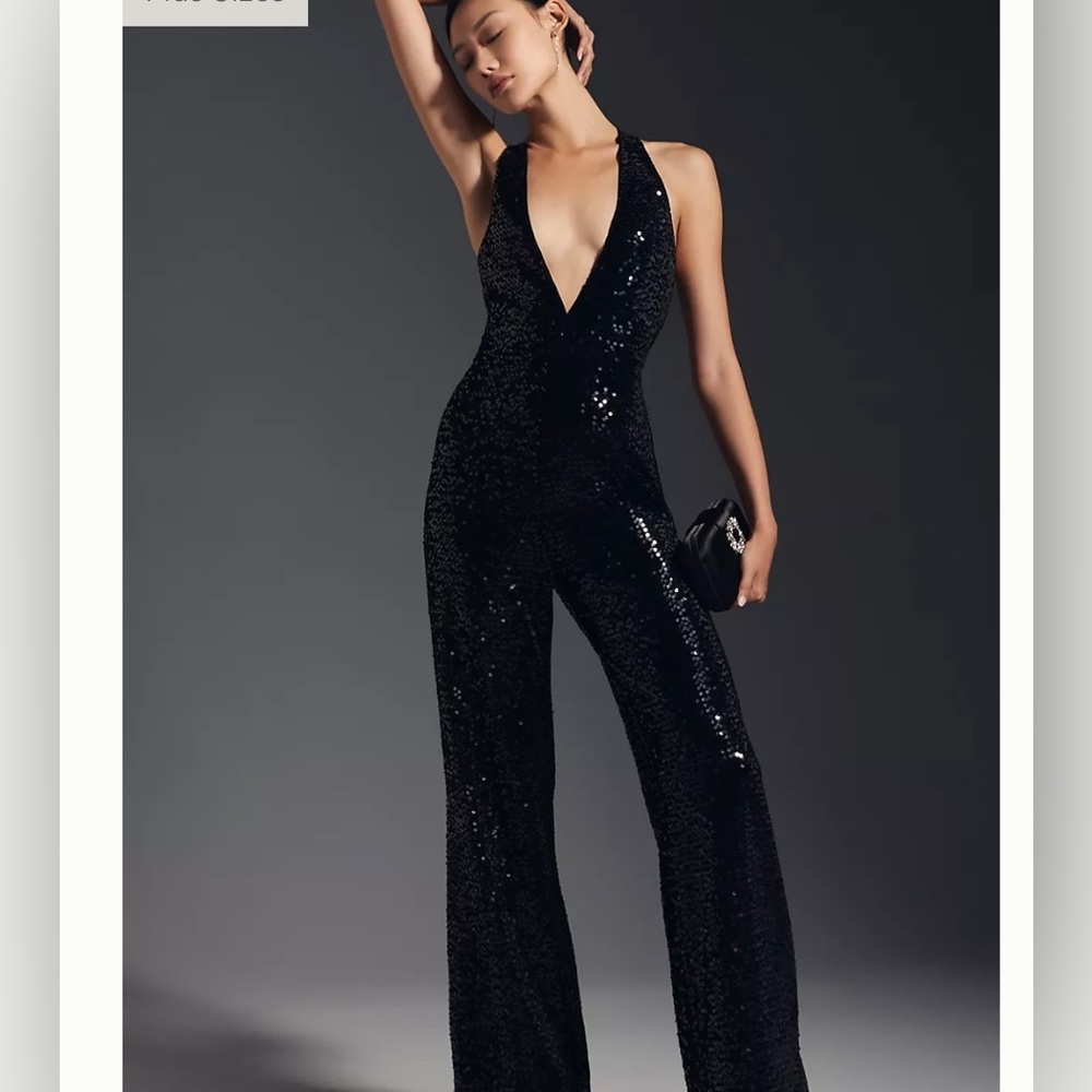 ANTHROPOLOGIE HUTCH SEQUIN HALTER JUMPSUIT BLACK  SIZE  8P NWT